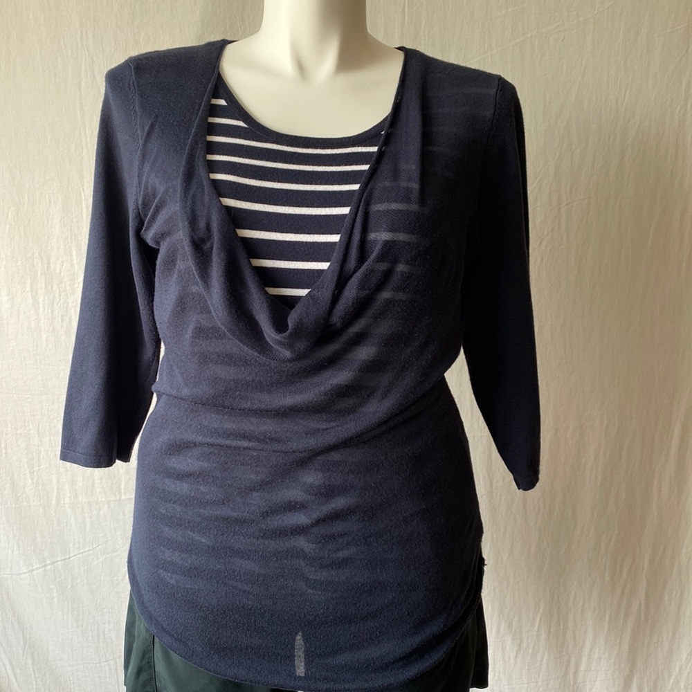 Christopher & Banks, Draped, Layered, Striped Sweater Blouse, Navy & White, XL